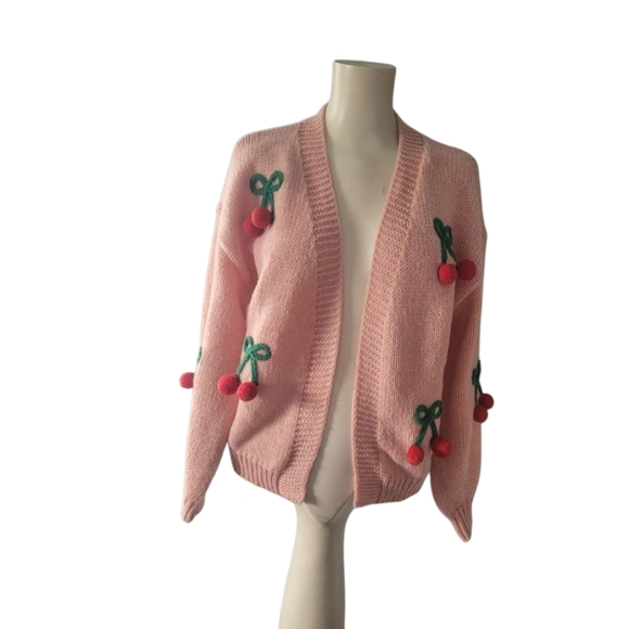 Luna Ivy Pink Cherry Embellished Cardigan Sweater Anthropologie New With Tags XS - Picture 5 of 6
